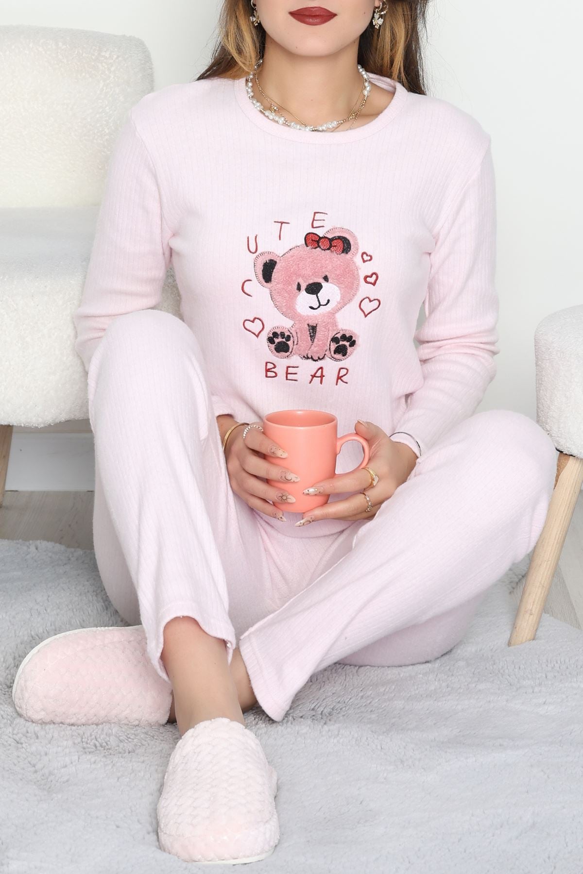 Nakışlı İnterlok Pijama Takımı Pembeayıcık - 800.1287.