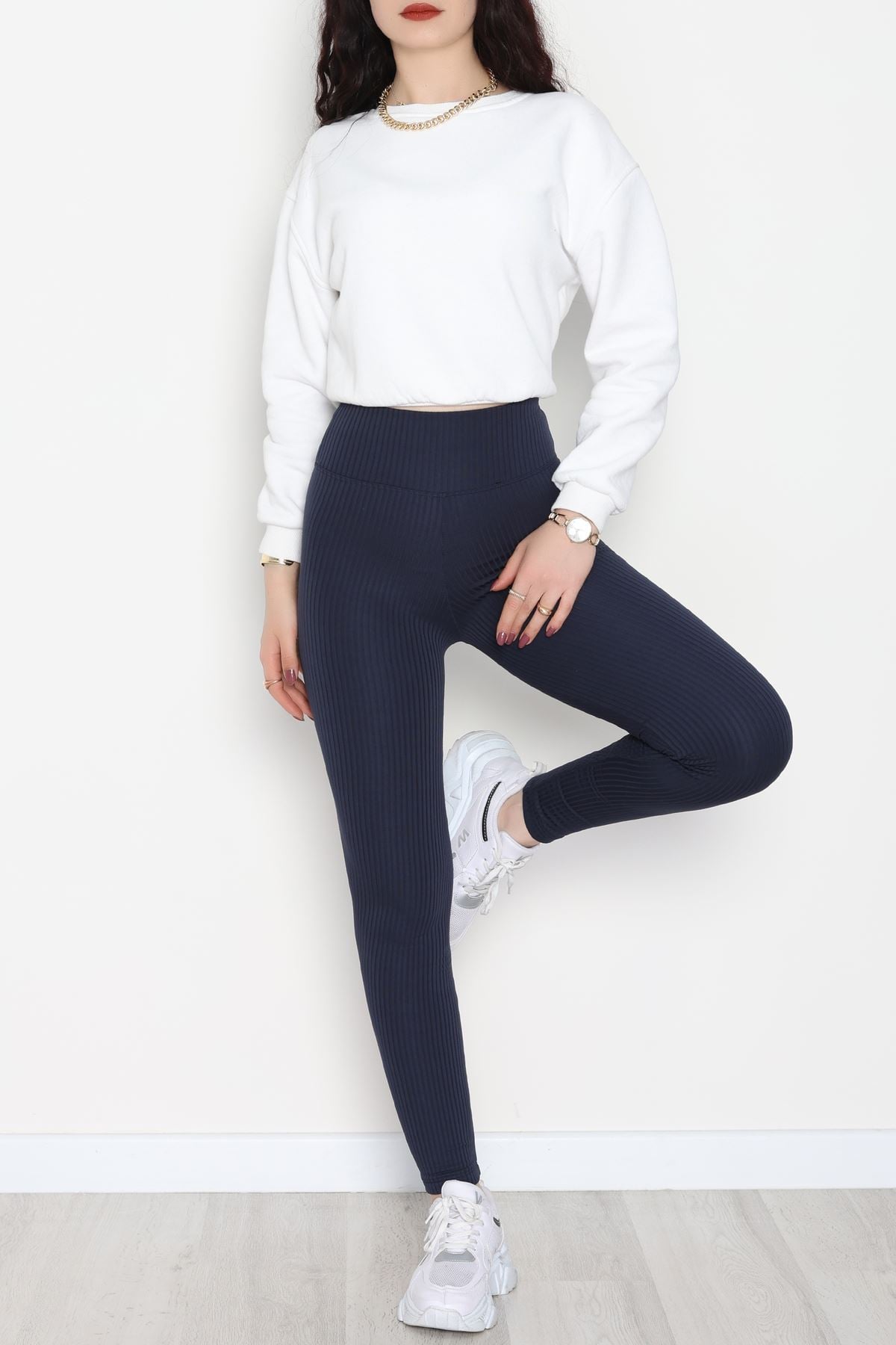 Şardonlu Yumuşak Dokulu Fitilli Tayt Lacivert - 52085.1098.