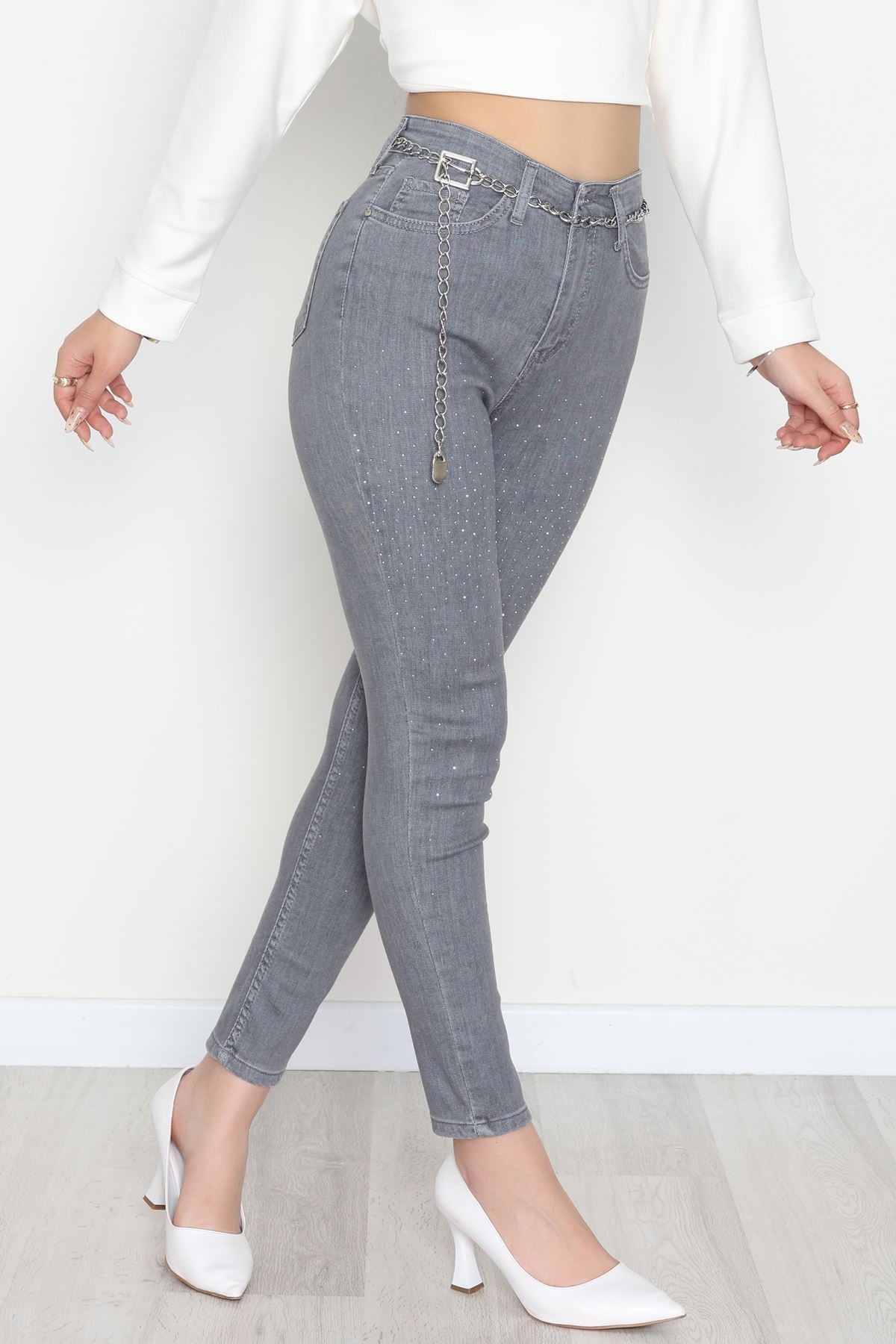 Taşlı Dar Paça Kot Pantolon Füme - 31656.2112.