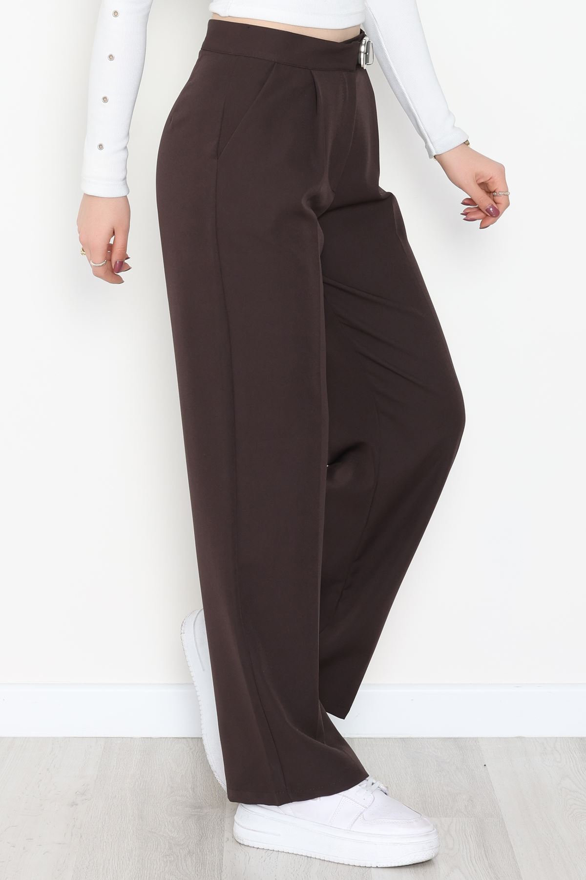 Double Kumaş Kemerli Palazzo Pantolon Koyukahve - 30760.1397.