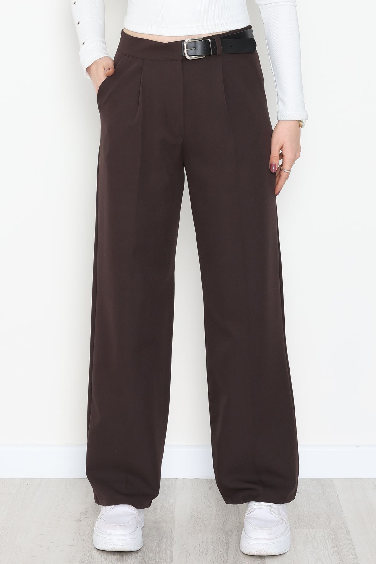 Double Kumaş Kemerli Palazzo Pantolon Koyukahve - 30760.1397.