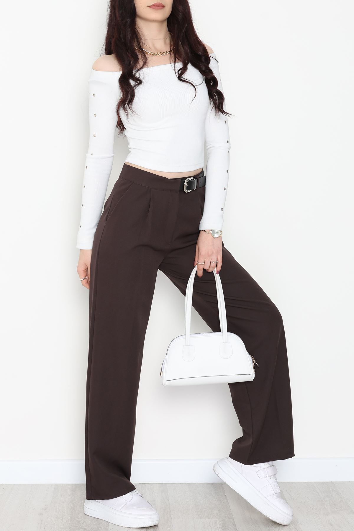 Double Kumaş Kemerli Palazzo Pantolon Koyukahve - 30760.1397.