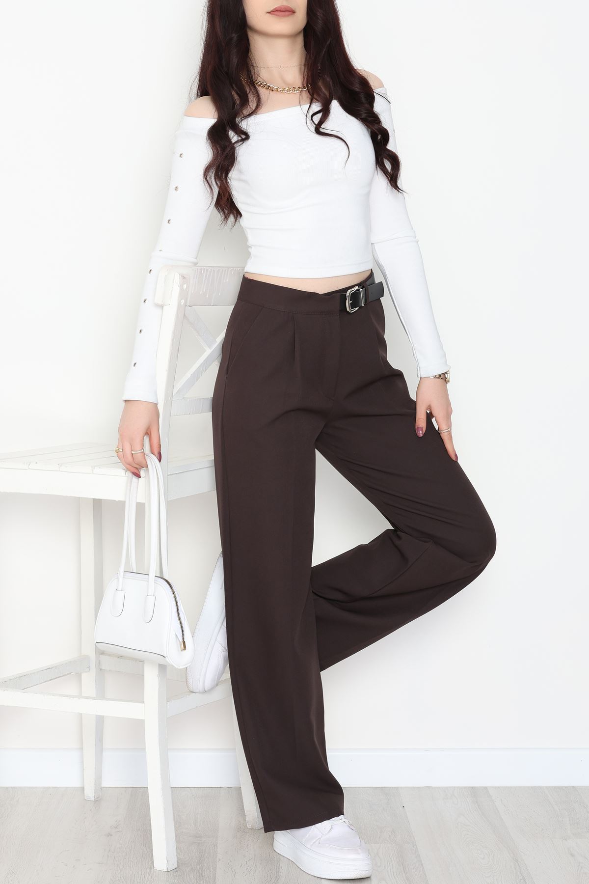 Double Kumaş Kemerli Palazzo Pantolon Koyukahve - 30760.1397.