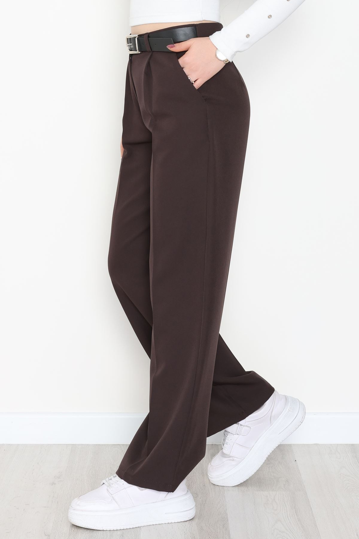 Double Kumaş Kemerli Palazzo Pantolon Koyukahve - 30760.1397.