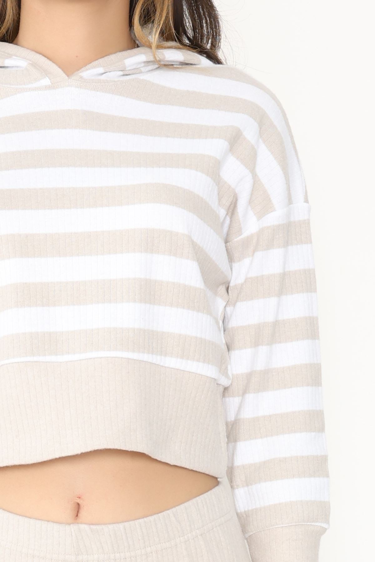 Kapşonlu Raporlu İnterlok İkili Takım Bejbeyaz - 42742.1567.