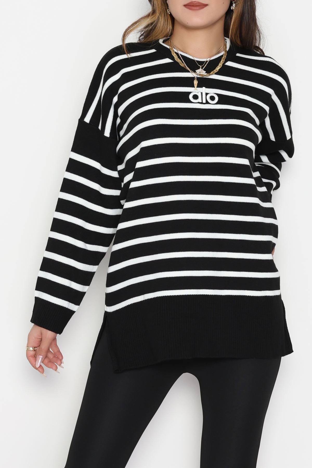 Çizgili Nakışlı Triko Tunik Siyah - 4041.1247.