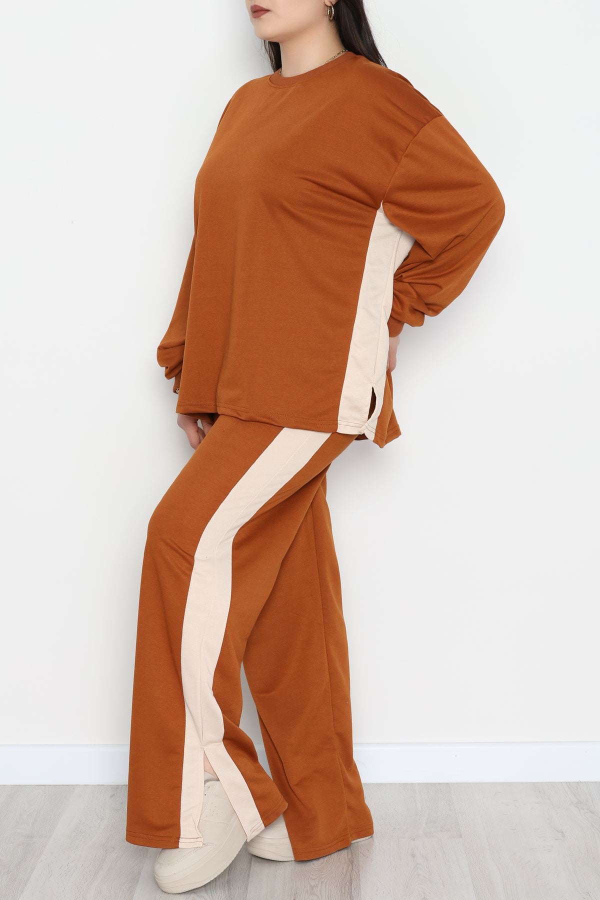 Şeritli 2 İplik Büyük Beden Eşofman Takımı Kahvebej - 52047.1857.