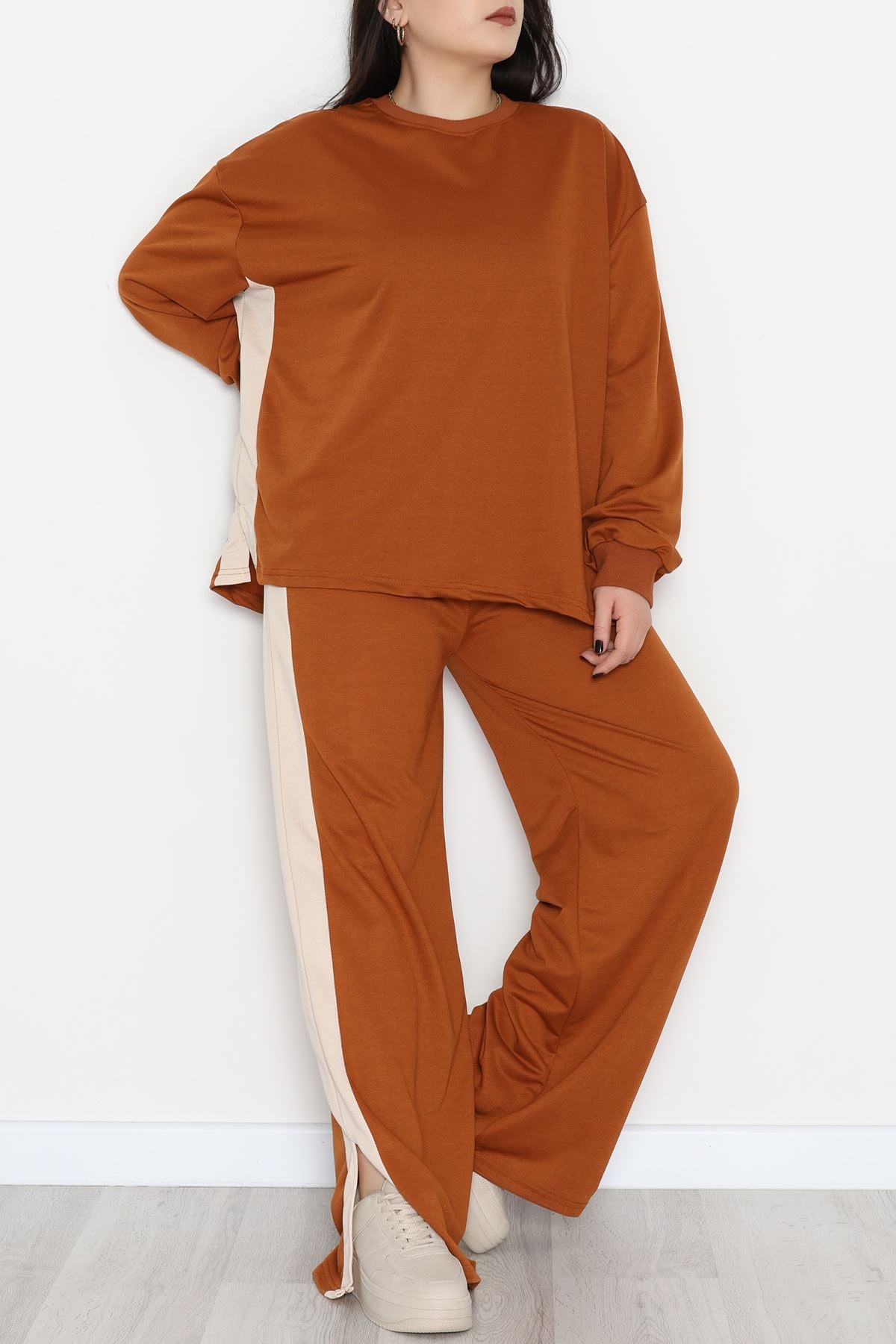 Şeritli 2 İplik Büyük Beden Eşofman Takımı Kahvebej - 52047.1857.