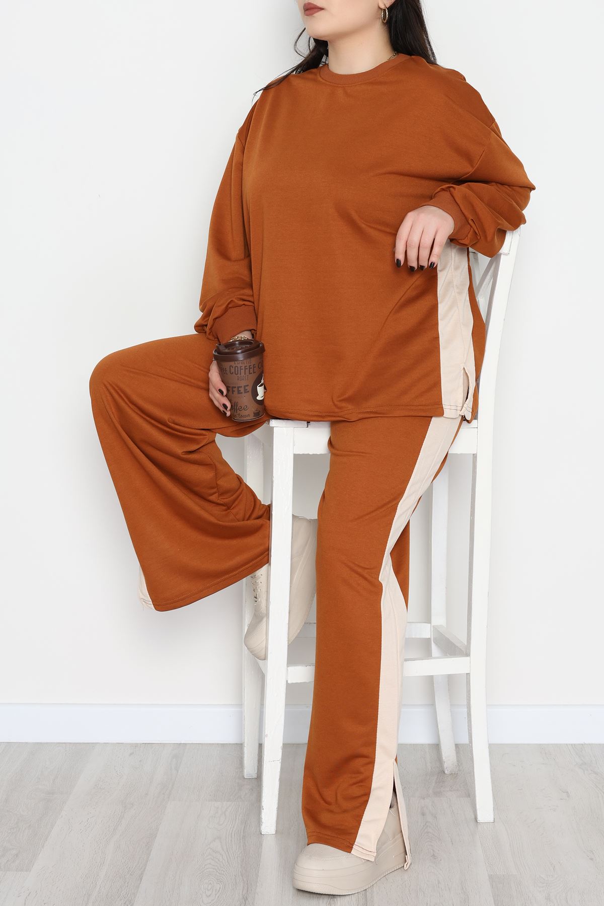 Şeritli 2 İplik Büyük Beden Eşofman Takımı Kahvebej - 52047.1857.