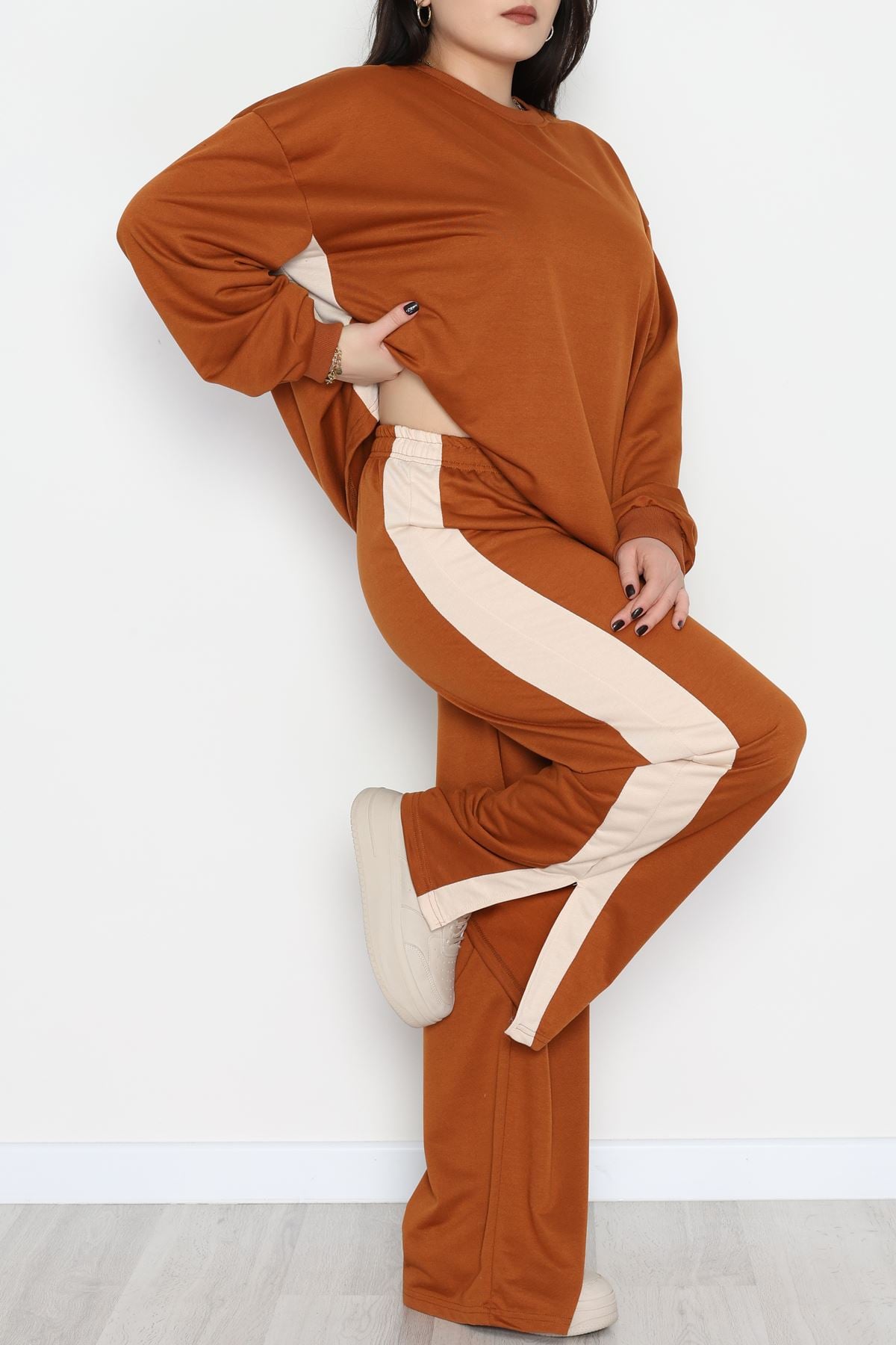 Şeritli 2 İplik Büyük Beden Eşofman Takımı Kahvebej - 52047.1857.