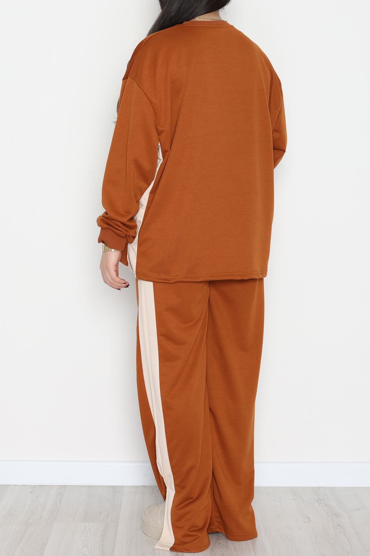 Şeritli 2 İplik Büyük Beden Eşofman Takımı Kahvebej - 52047.1857.