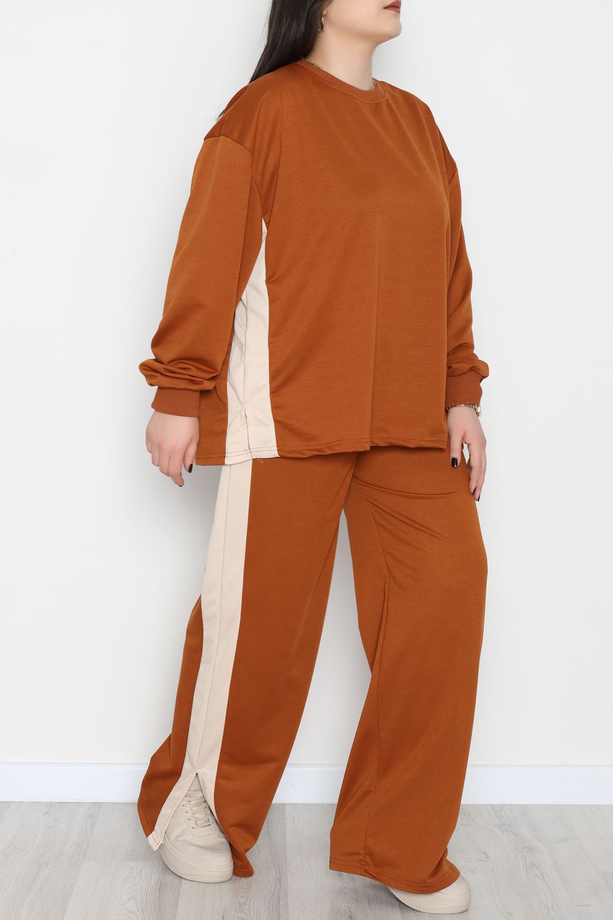 Şeritli 2 İplik Büyük Beden Eşofman Takımı Kahvebej - 52047.1857.