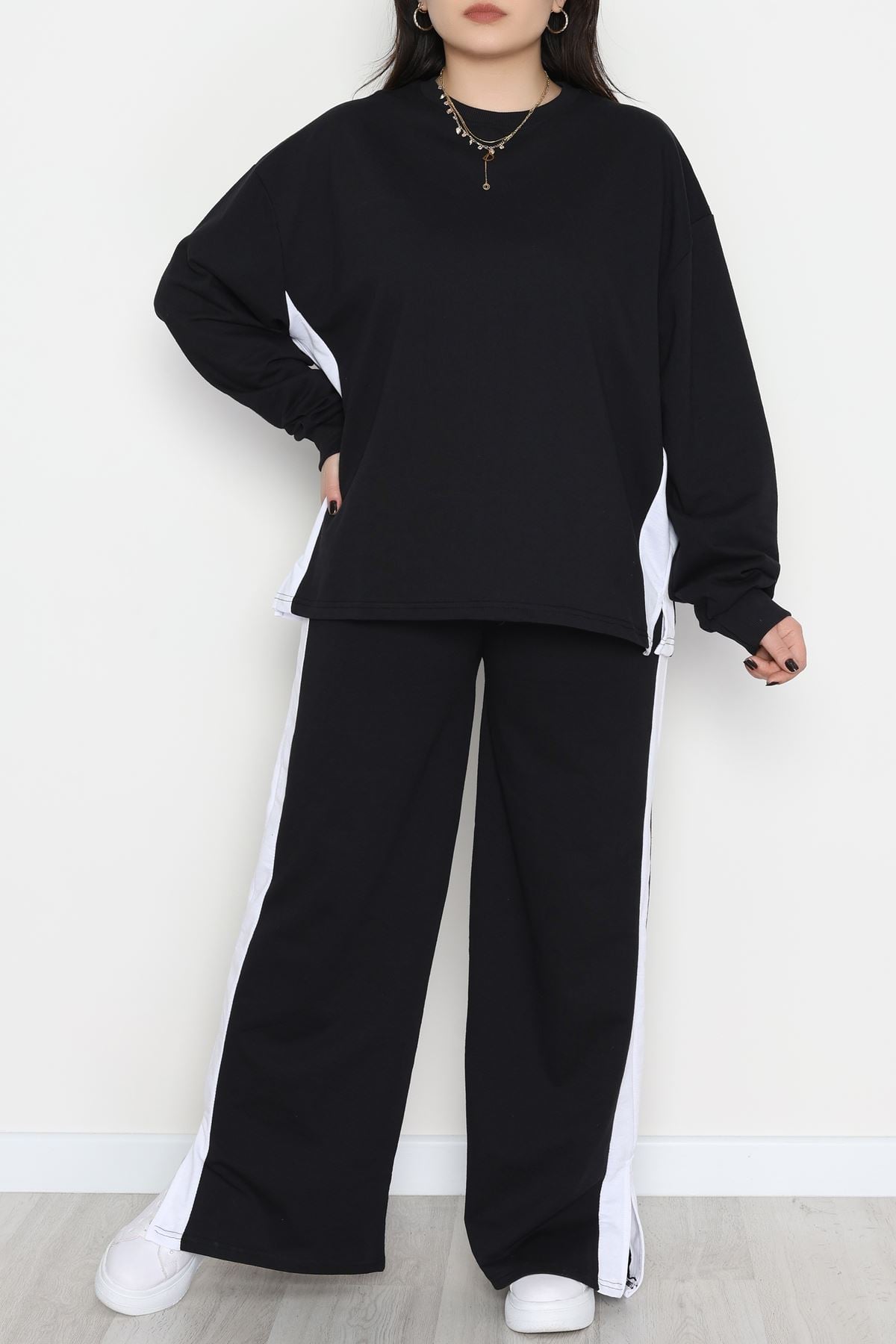 Şeritli 2 İplik Büyük Beden Eşofman Takımı Siyahbeyaz - 52047.1857.