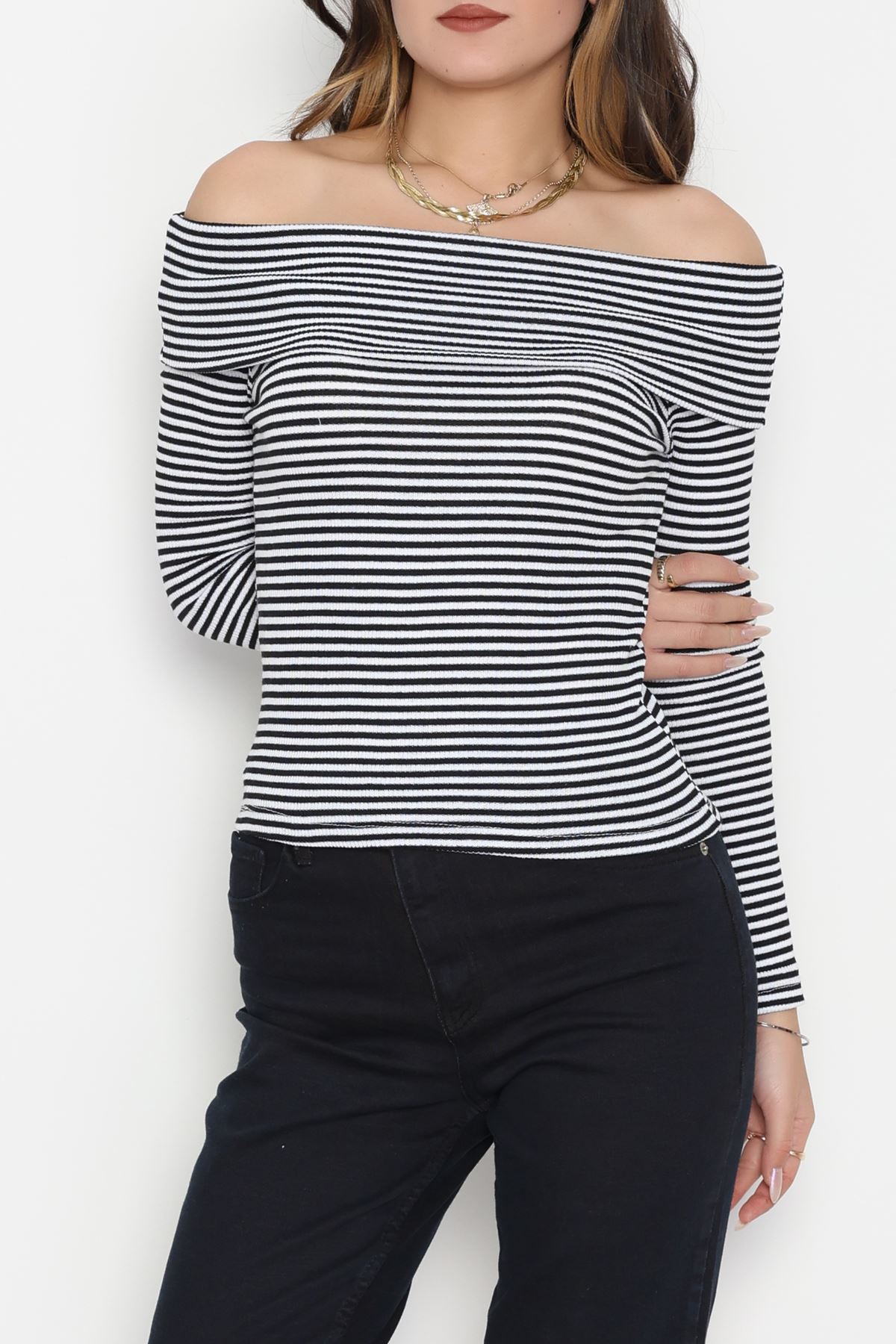 Madonna Yaka Likralı Kaşkorse Bluz Siyahbeyaz - 42765.1567.