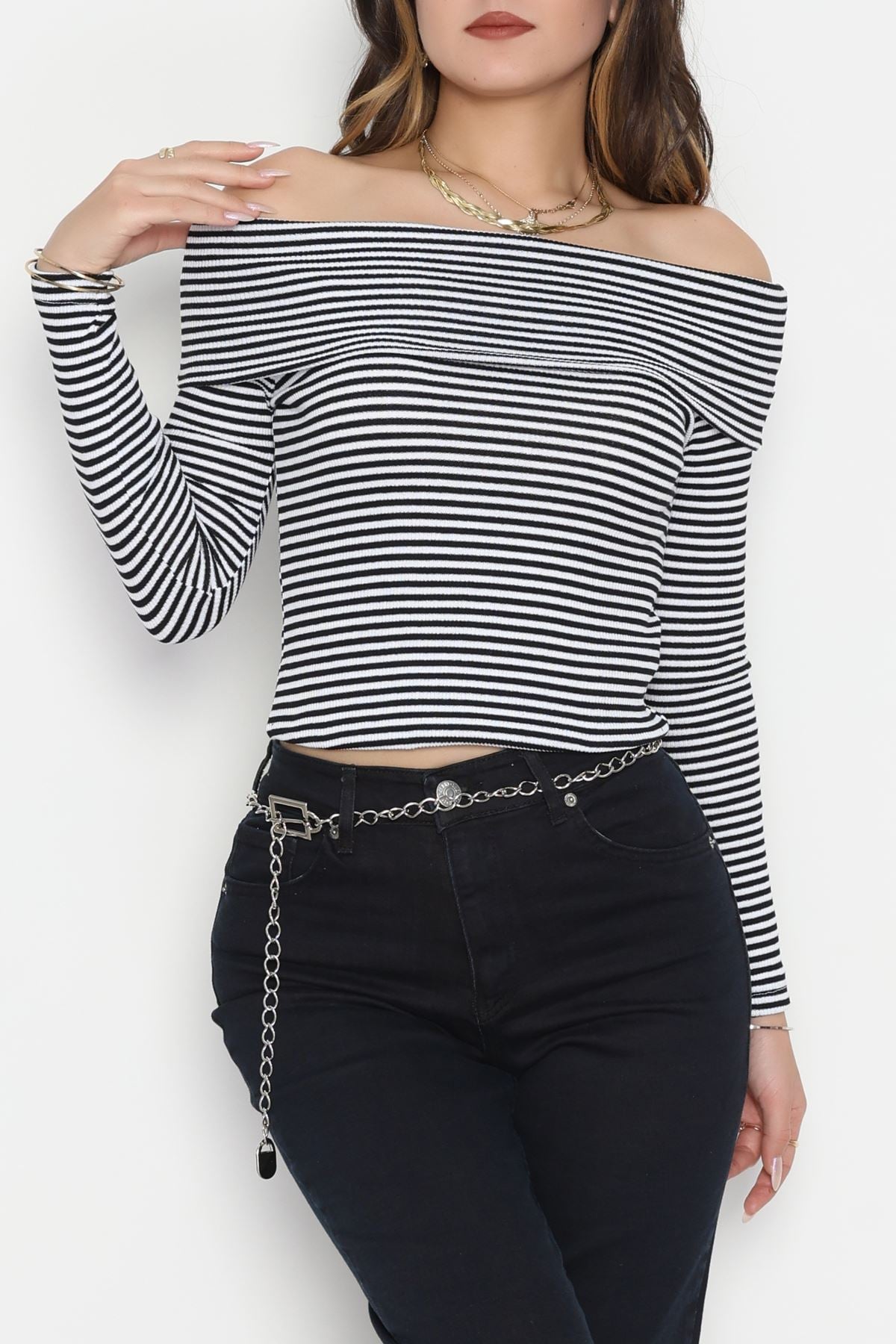 Madonna Yaka Likralı Kaşkorse Bluz Siyahbeyaz - 42765.1567.