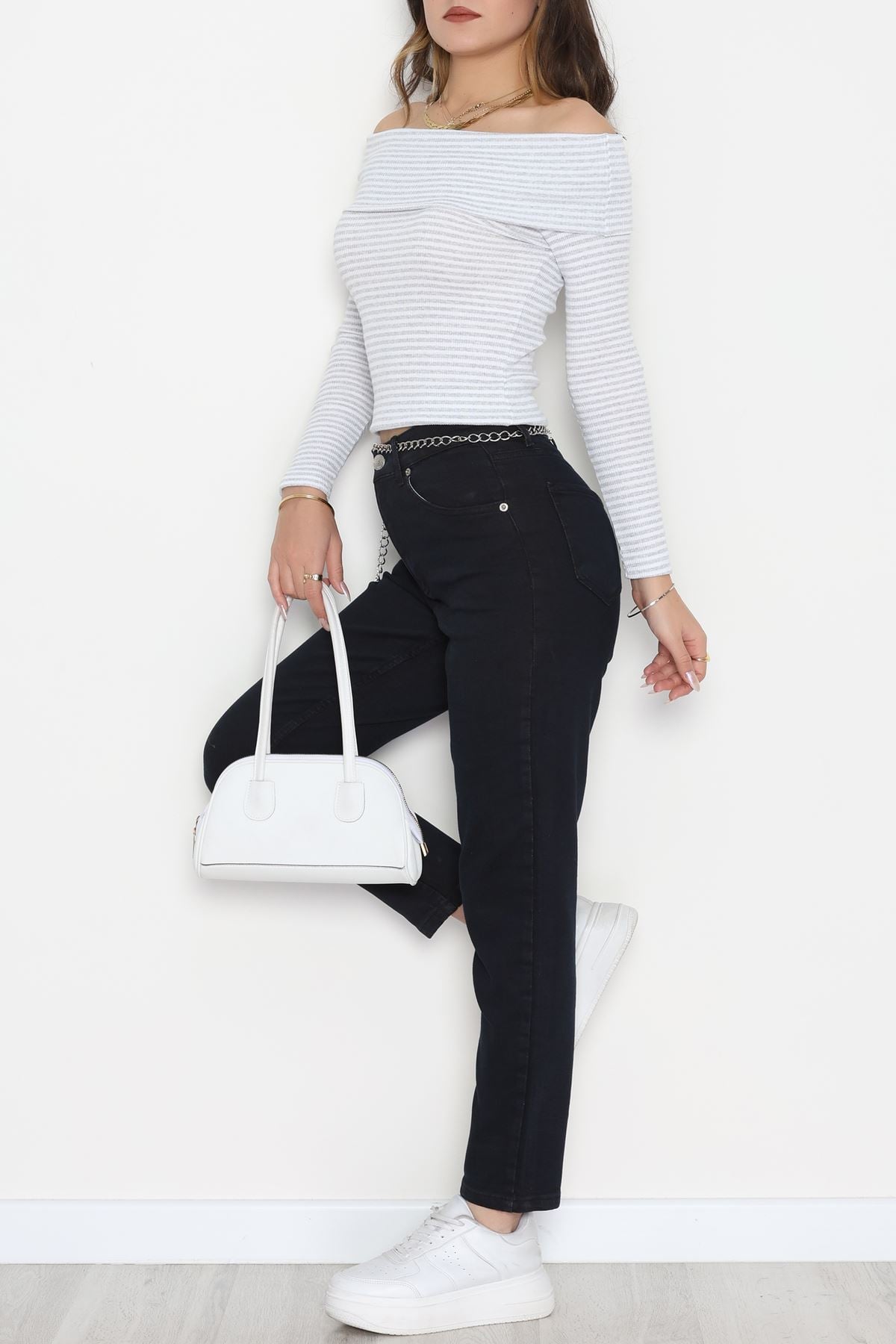 Madonna Yaka Likralı Kaşkorse Bluz Gribeyaz - 42765.1567.