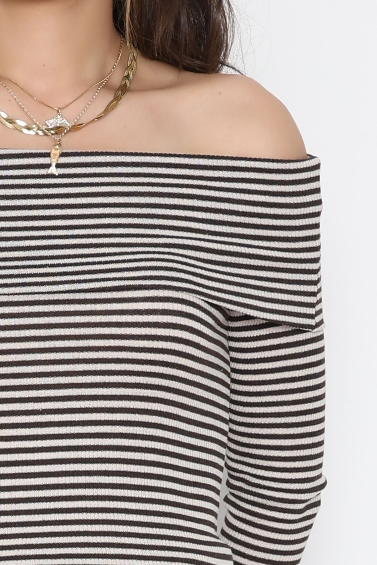 Madonna Yaka Likralı Kaşkorse Bluz Kahvebeyaz - 42765.1567.