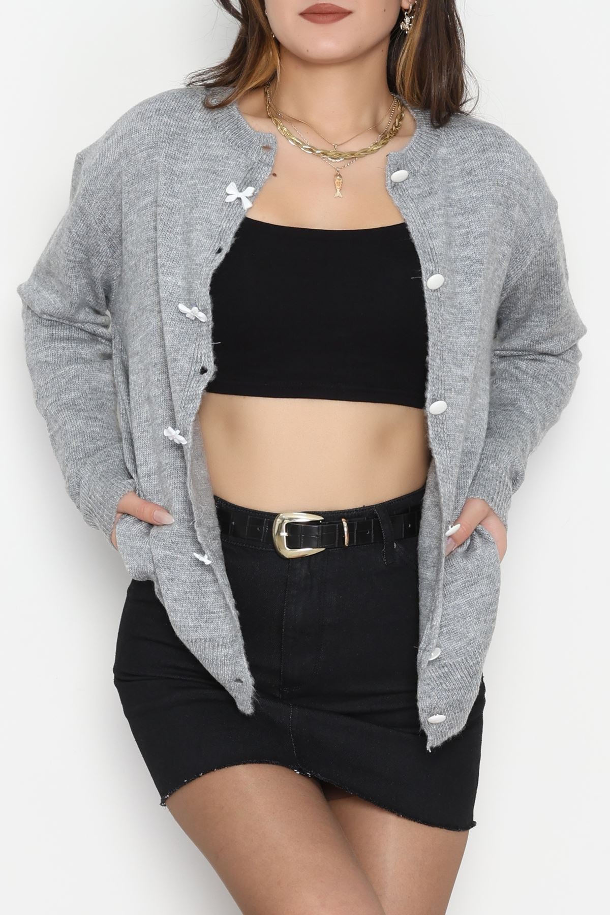 Fiyonk Detay Triko Hırka Gri - 2396.1247.