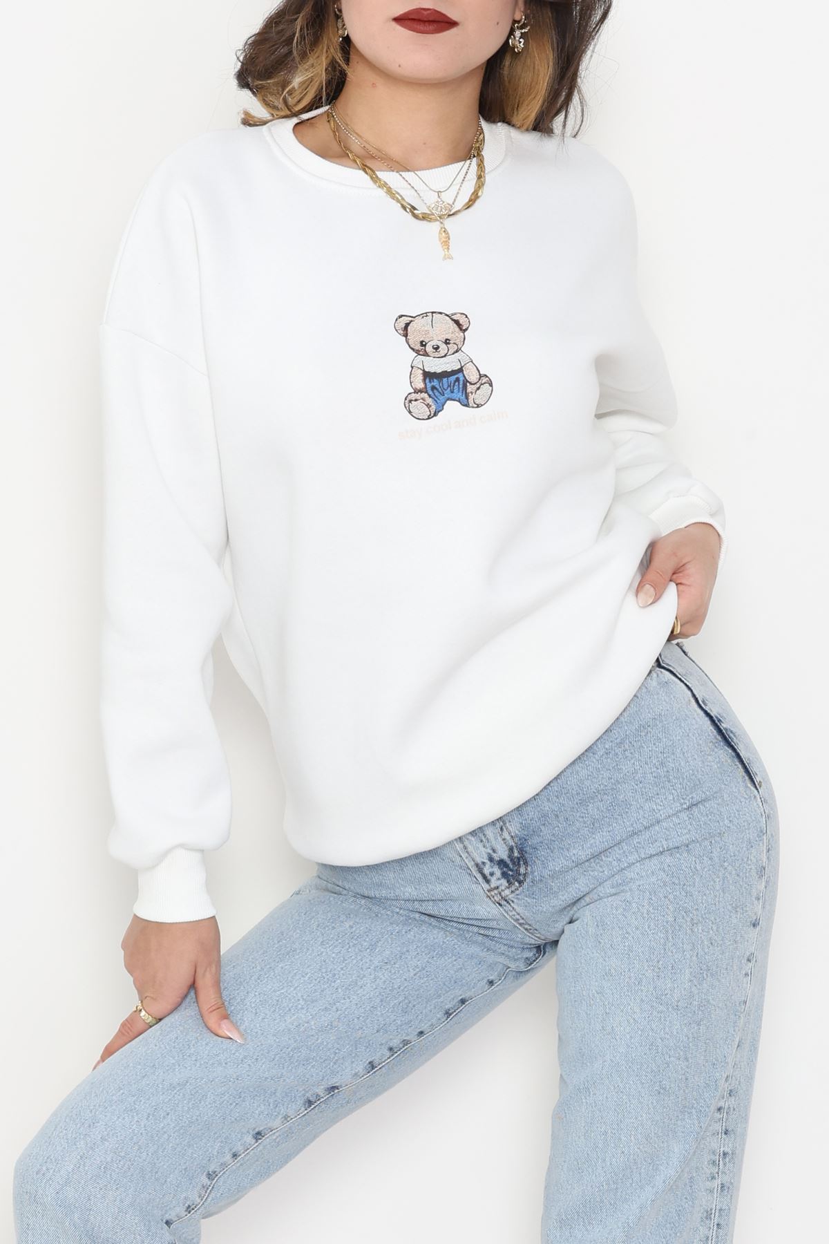 3 İplik Bisiklet Yaka Sweat Ekru - 42237.1878.