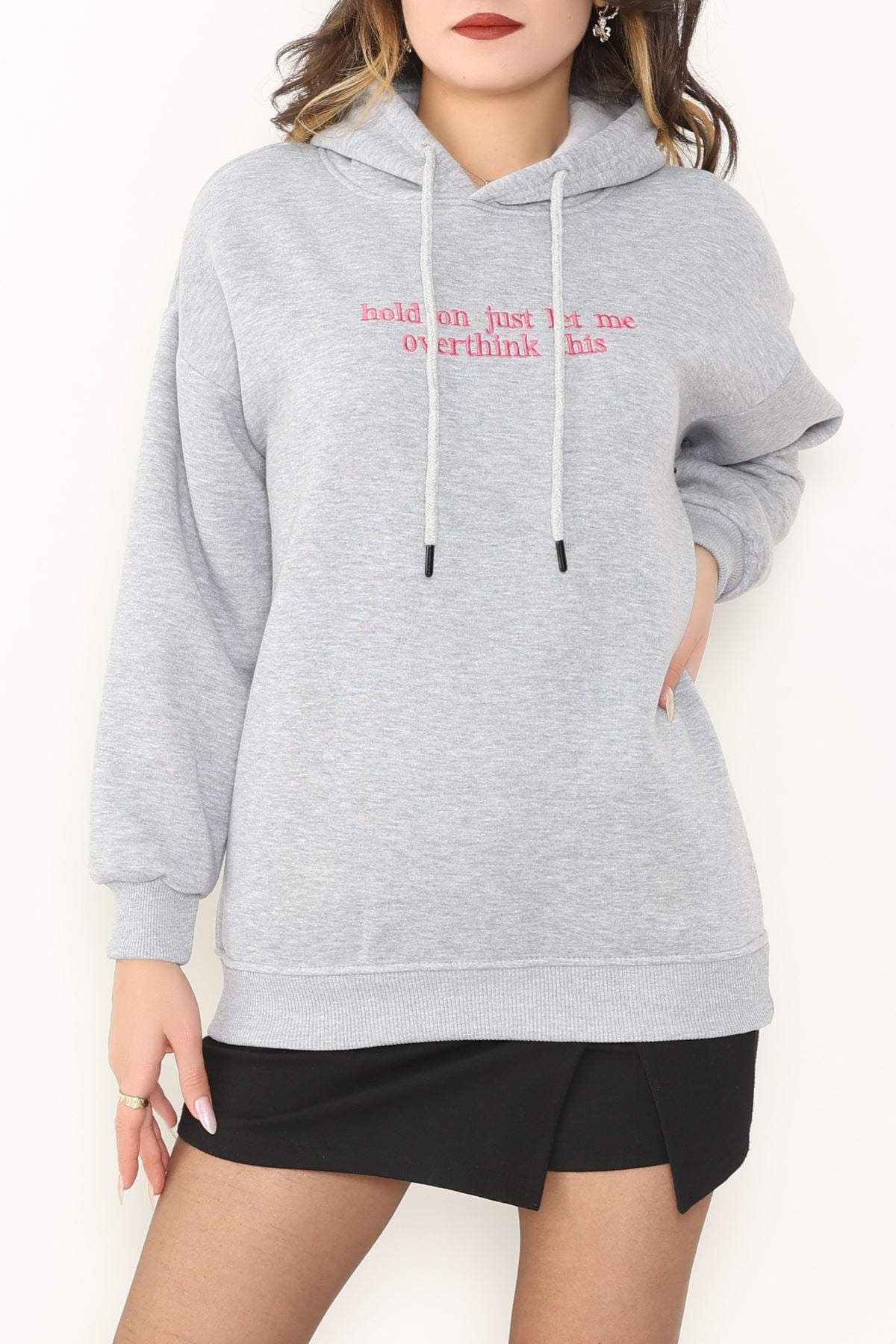 3 İplik Kapşonlu Nakışlı Sweat Grifuşya - 42221.1878.