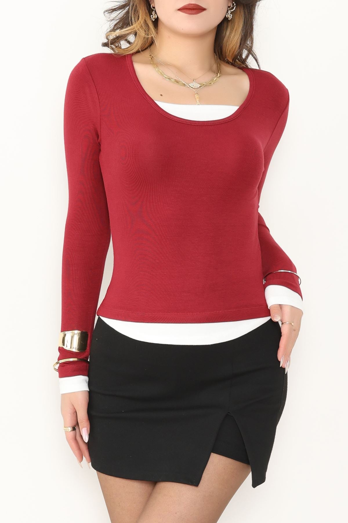 Buzzy Kumaş Geniş Yaka Parçalı Bluz Bordo - 1055.2119.