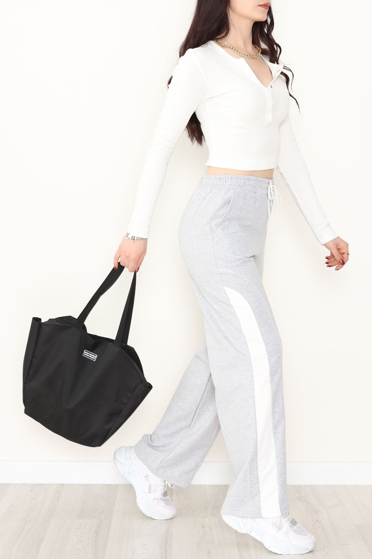 Şeritli 2 İplik Eşofman Altı Gri - 52102.1005.