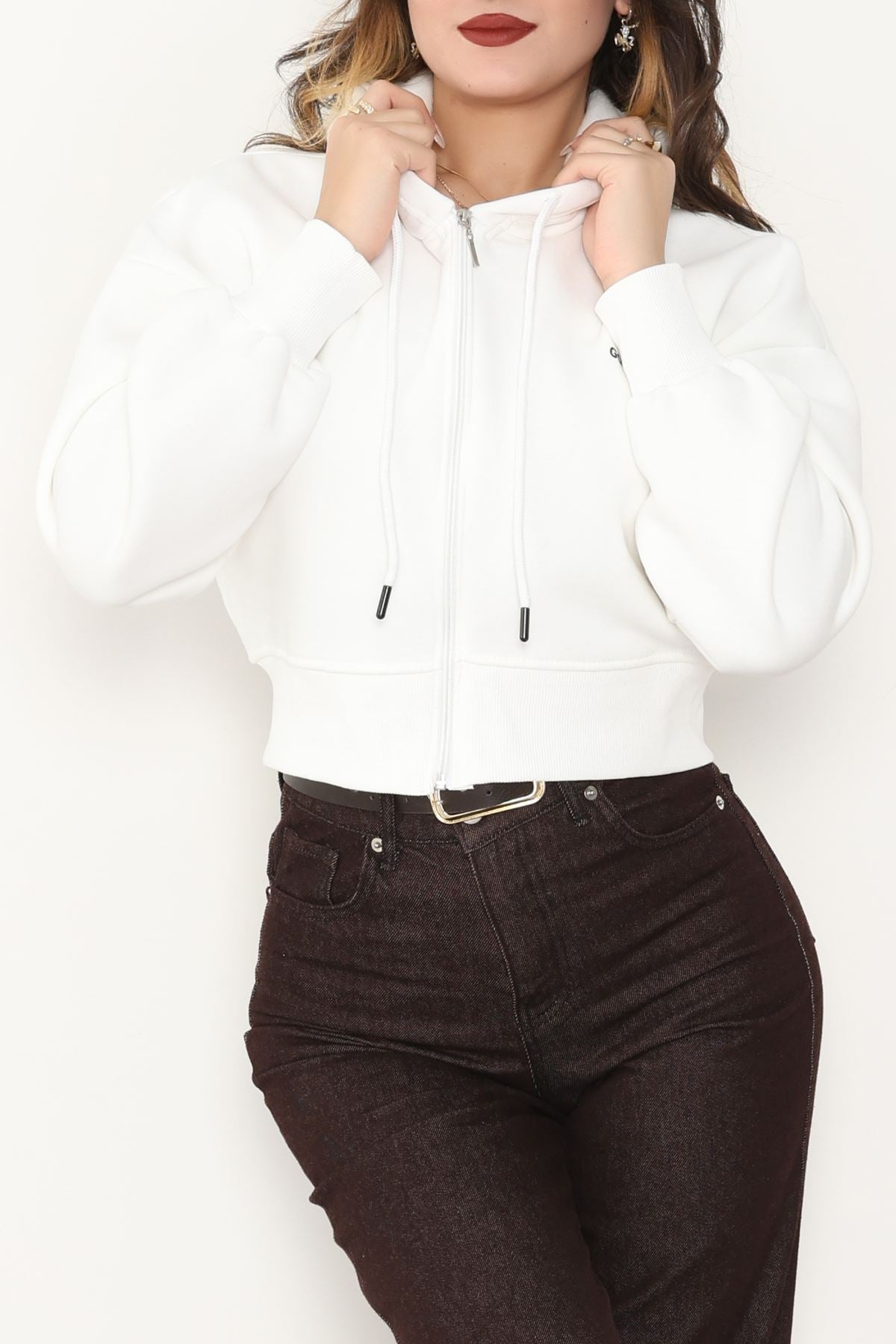 3 İplik Şardonlu Fermuarlı Sweat Ekru - 42501.1878.