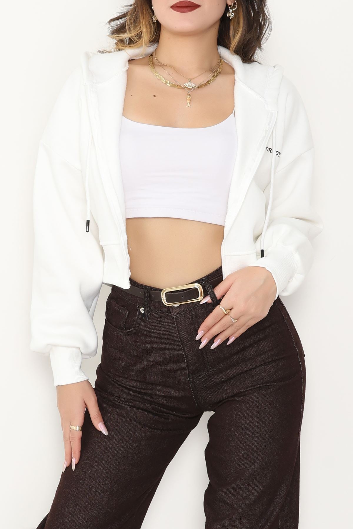 3 İplik Şardonlu Fermuarlı Sweat Ekru - 42501.1878.