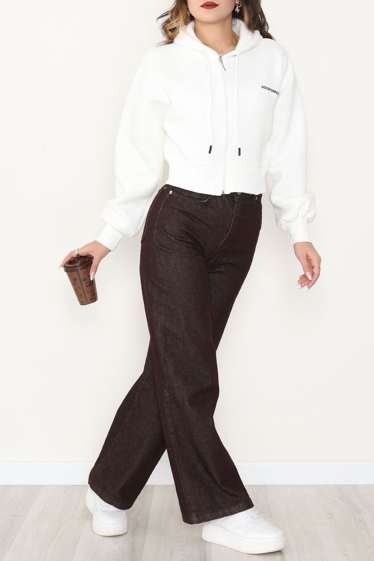 3 İplik Şardonlu Fermuarlı Sweat Ekru - 42501.1878.