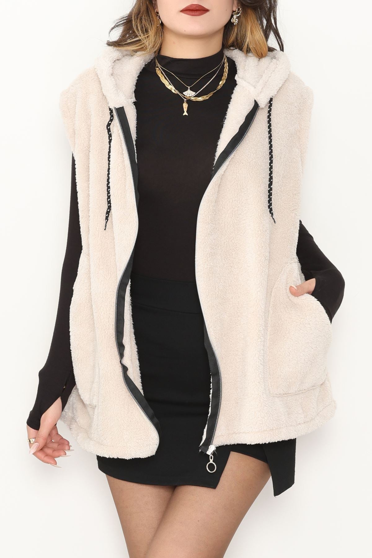 Fermuarlı Kapşonlu Peluş Yelek Taş - 51059.701.