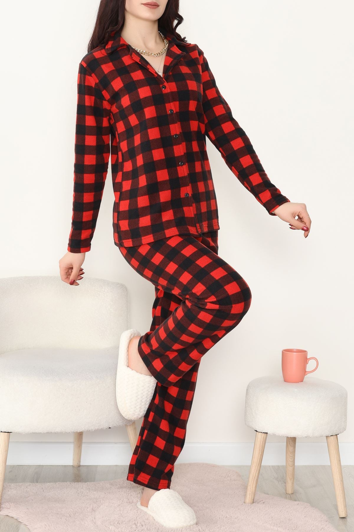 Önü Düğmeli Polar Takım Kırmızıekose - 451.1287.