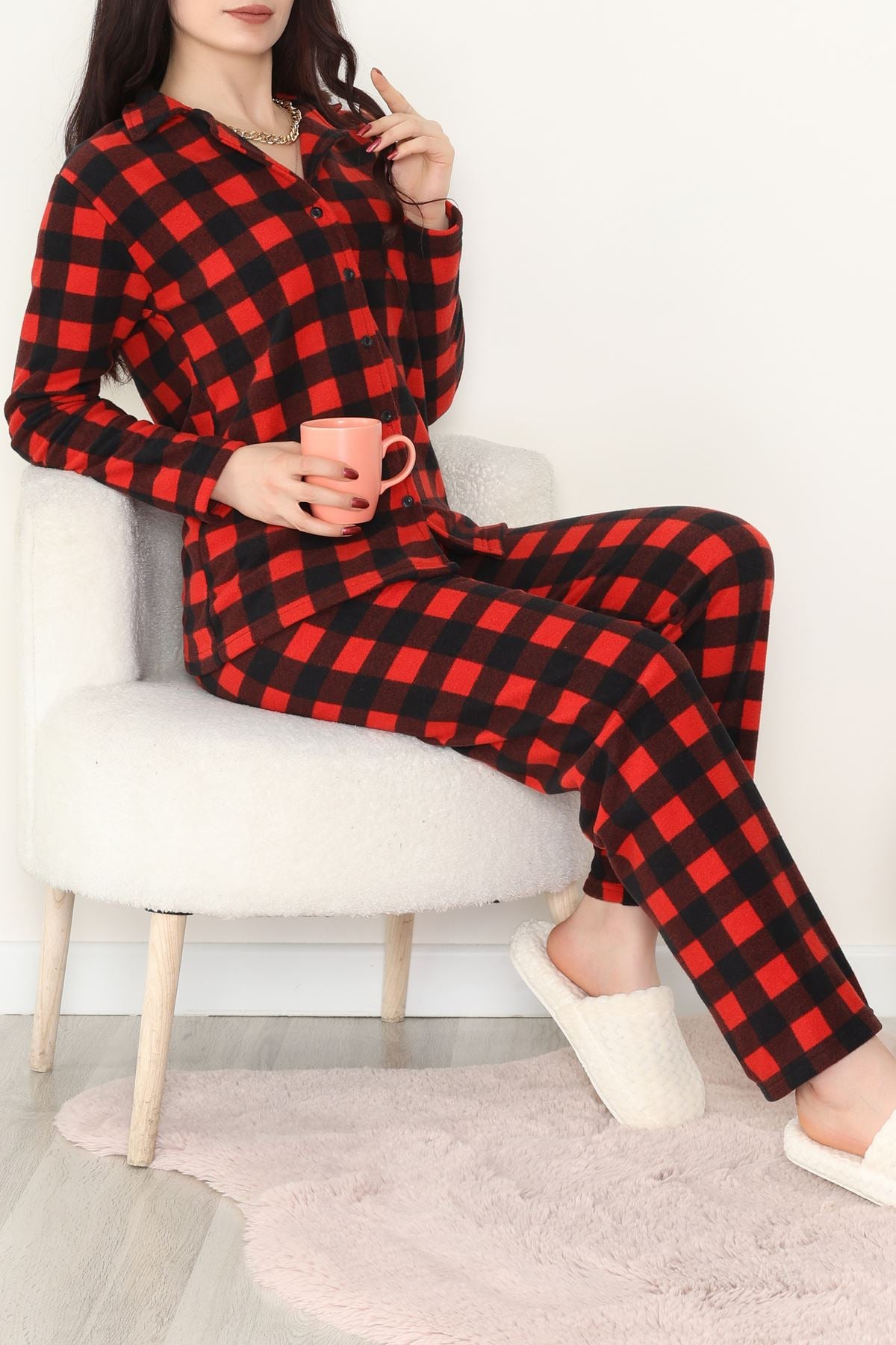 Önü Düğmeli Polar Takım Kırmızıekose - 451.1287.