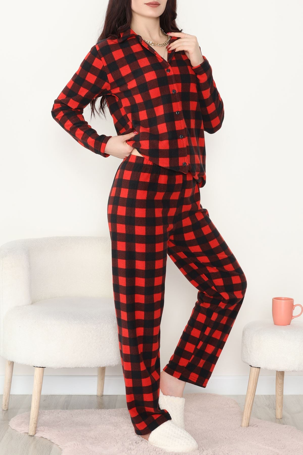 Önü Düğmeli Polar Takım Kırmızıekose - 451.1287.