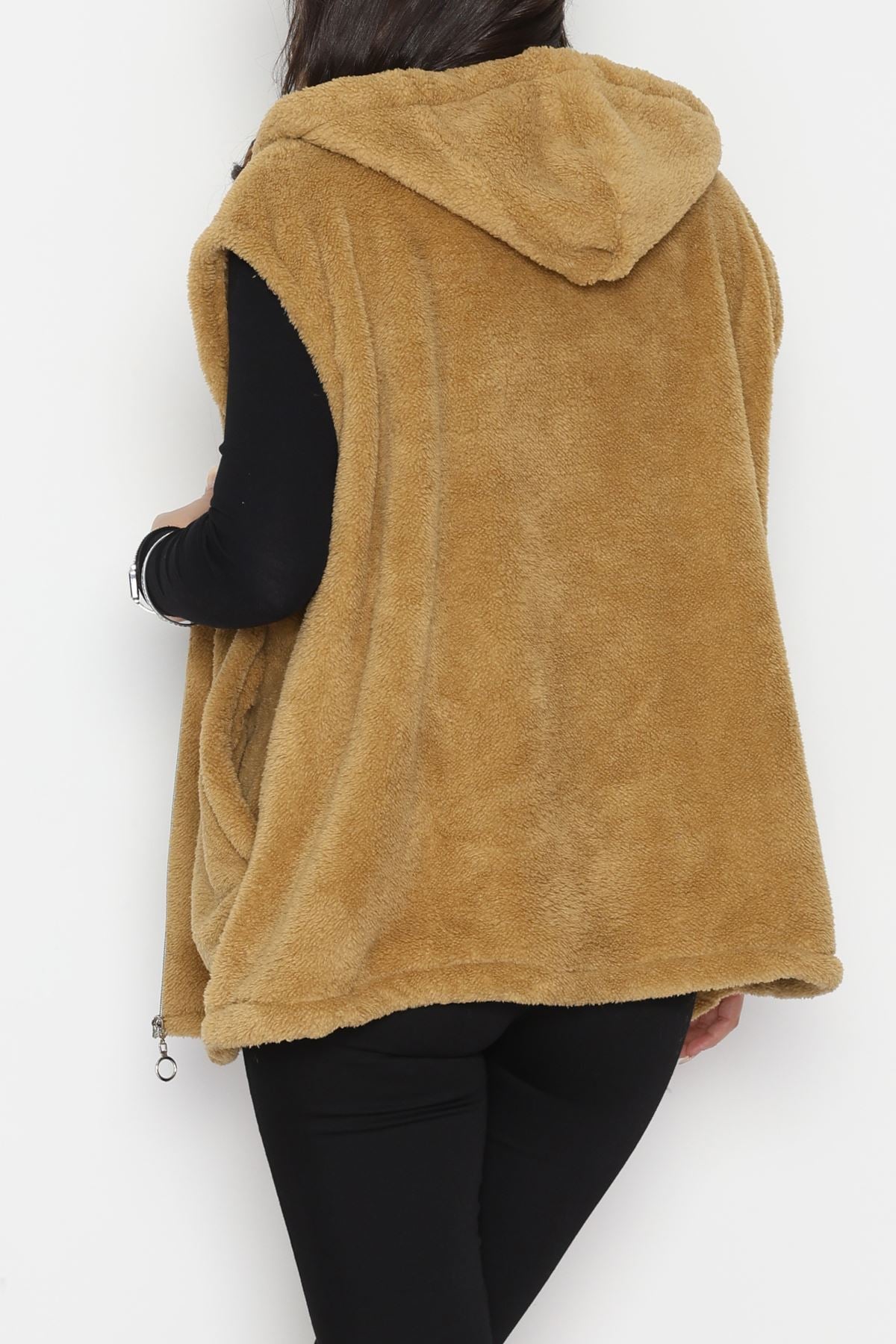 Fermuarlı Kapşonlu Peluş Yelek Camel - 51059.701.