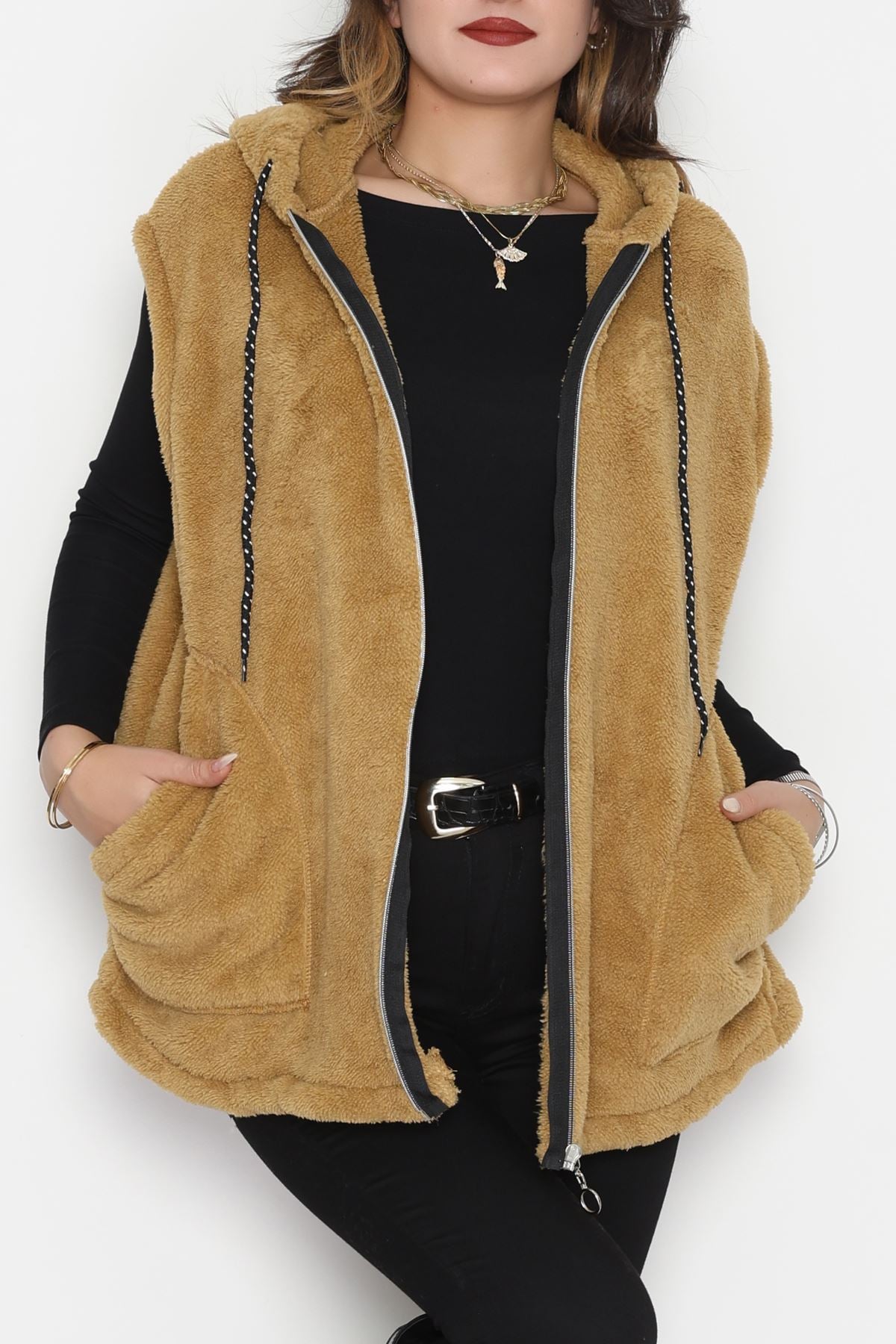 Fermuarlı Kapşonlu Peluş Yelek Camel - 51059.701.