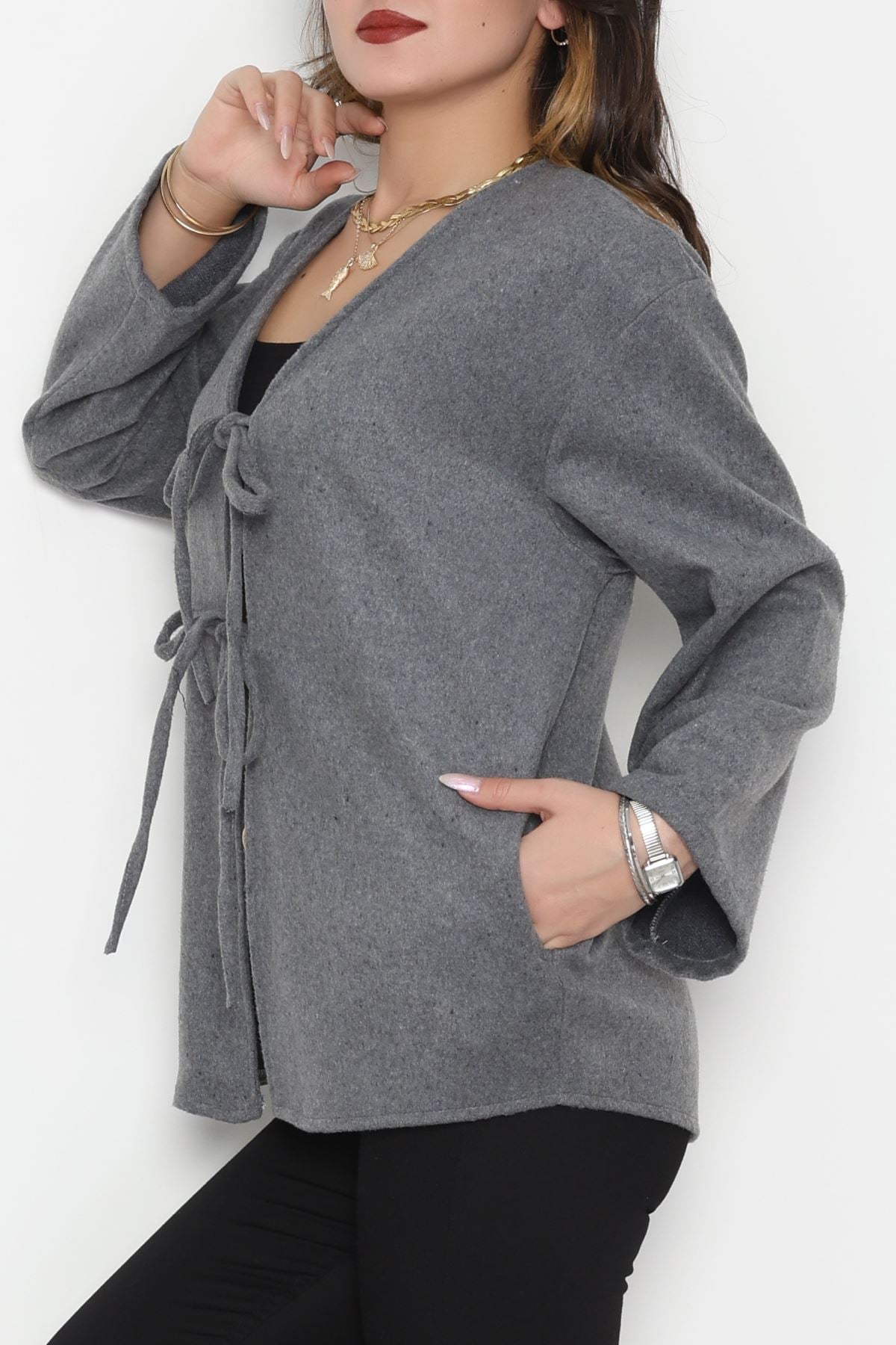 Önü Bağcıklı Kaşe Hırka Koyugri - 70995.1775.