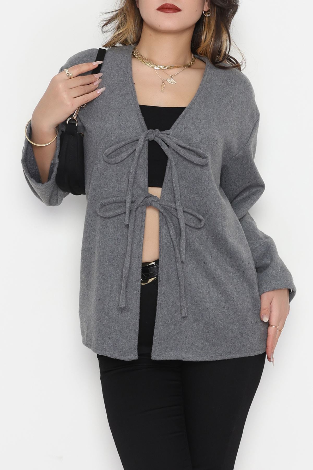 Önü Bağcıklı Kaşe Hırka Koyugri - 70995.1775.