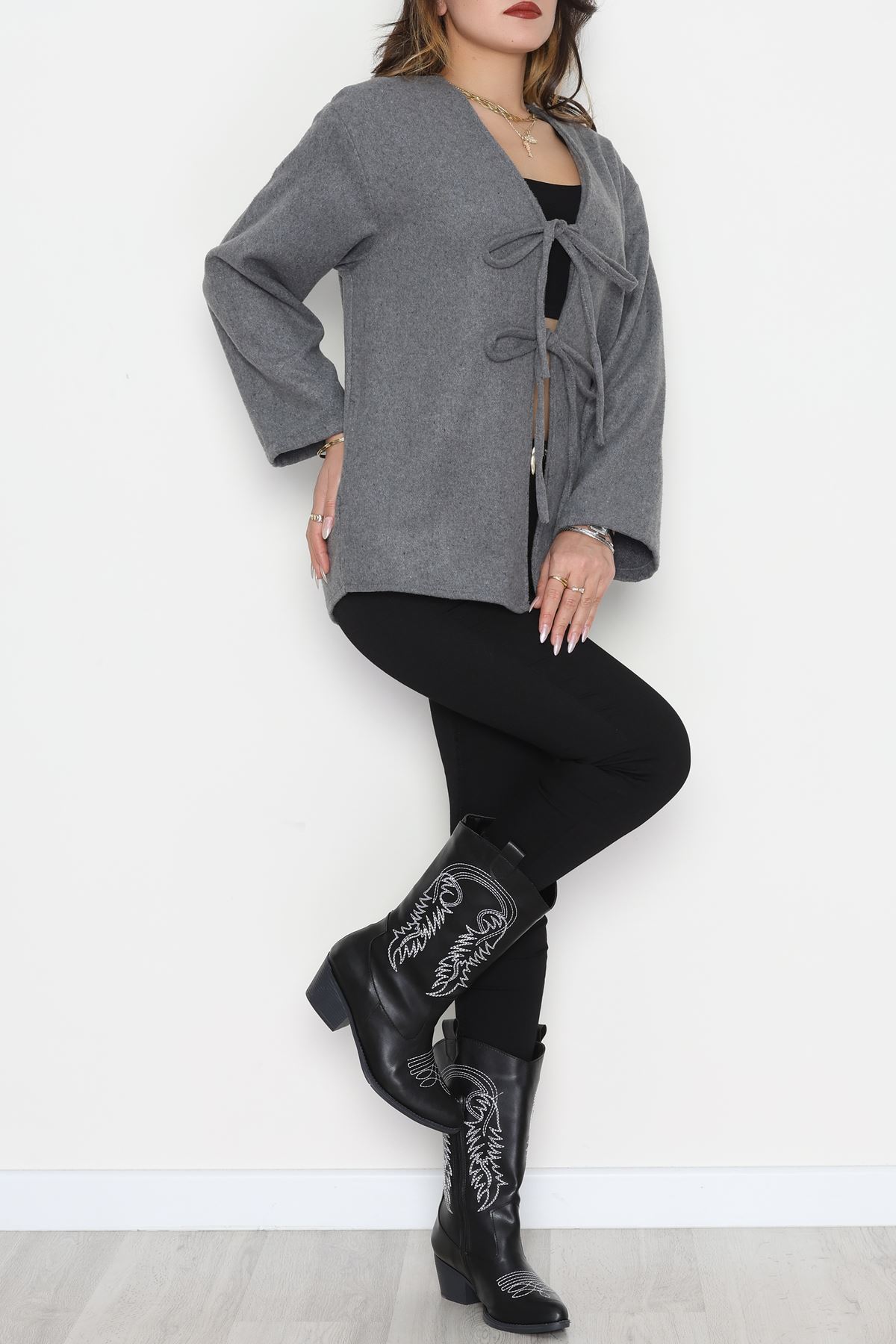 Önü Bağcıklı Kaşe Hırka Koyugri - 70995.1775.