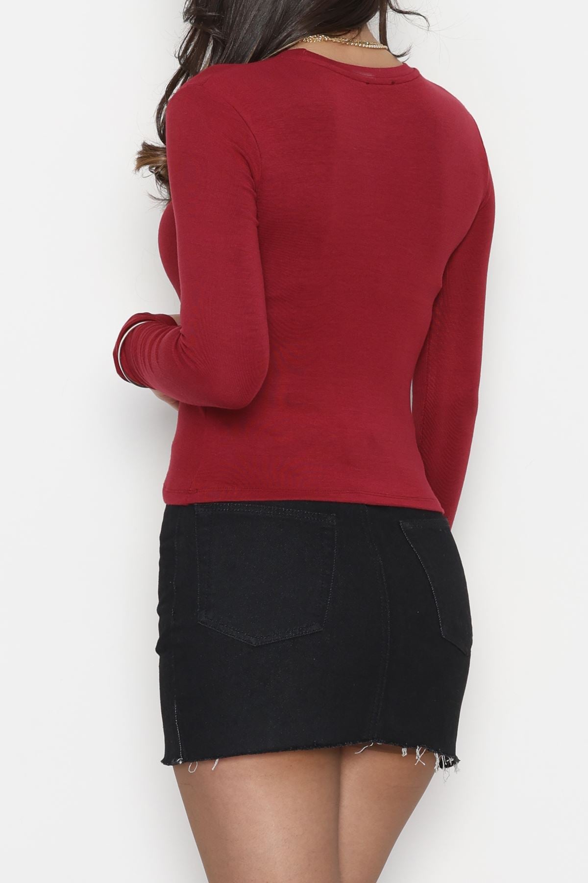 Bisiklet Yaka Kolu Fiyonklu Bluz Bordo - 1045.2119.