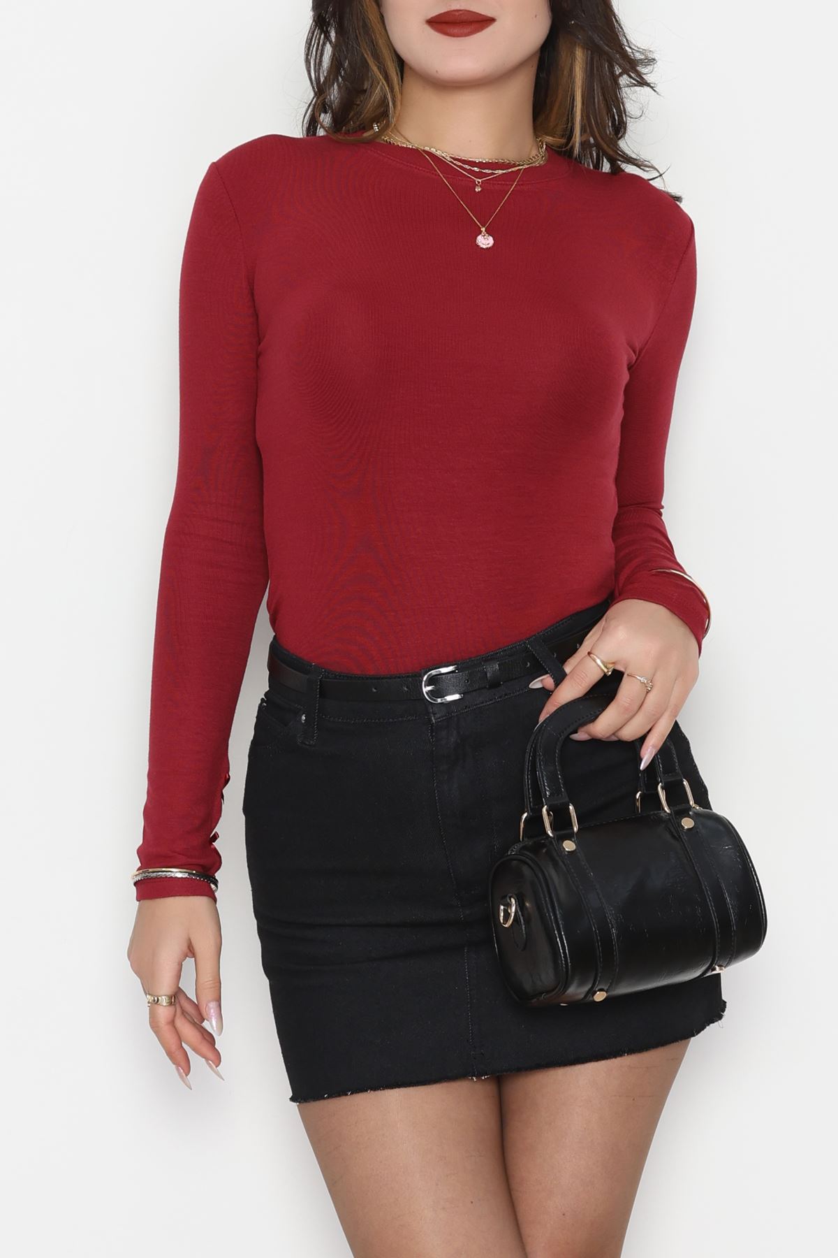 Bisiklet Yaka Kolu Fiyonklu Bluz Bordo - 1045.2119.