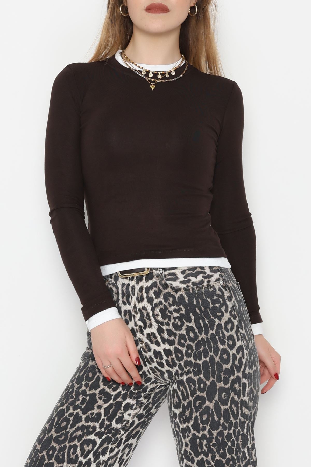 Buzzy Kumaş Bisiklet Yaka Parçalı Bluz Kahve - 1054.2119.