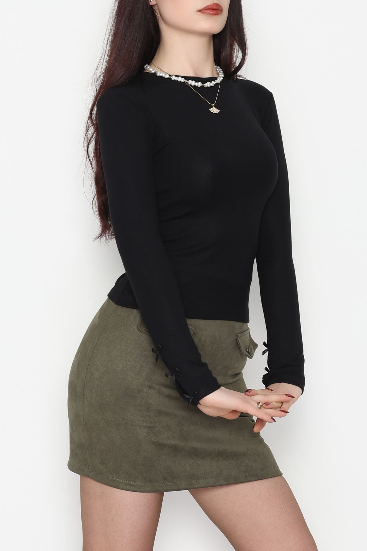 Bisiklet Yaka Kolu Fiyonklu Bluz Siyah - 1045.2119.