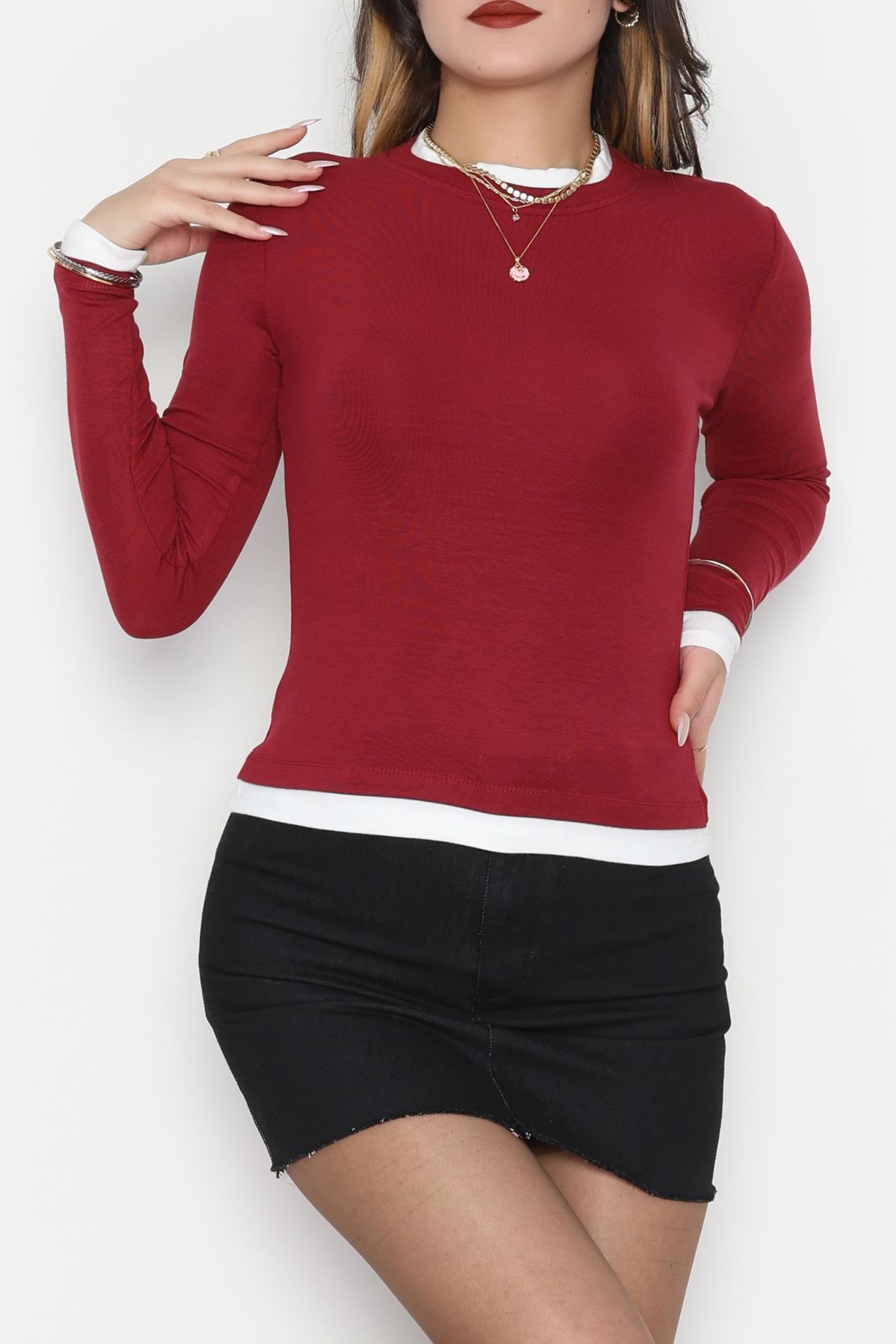 Buzzy Kumaş Bisiklet Yaka Parçalı Bluz Bordo - 1054.2119.