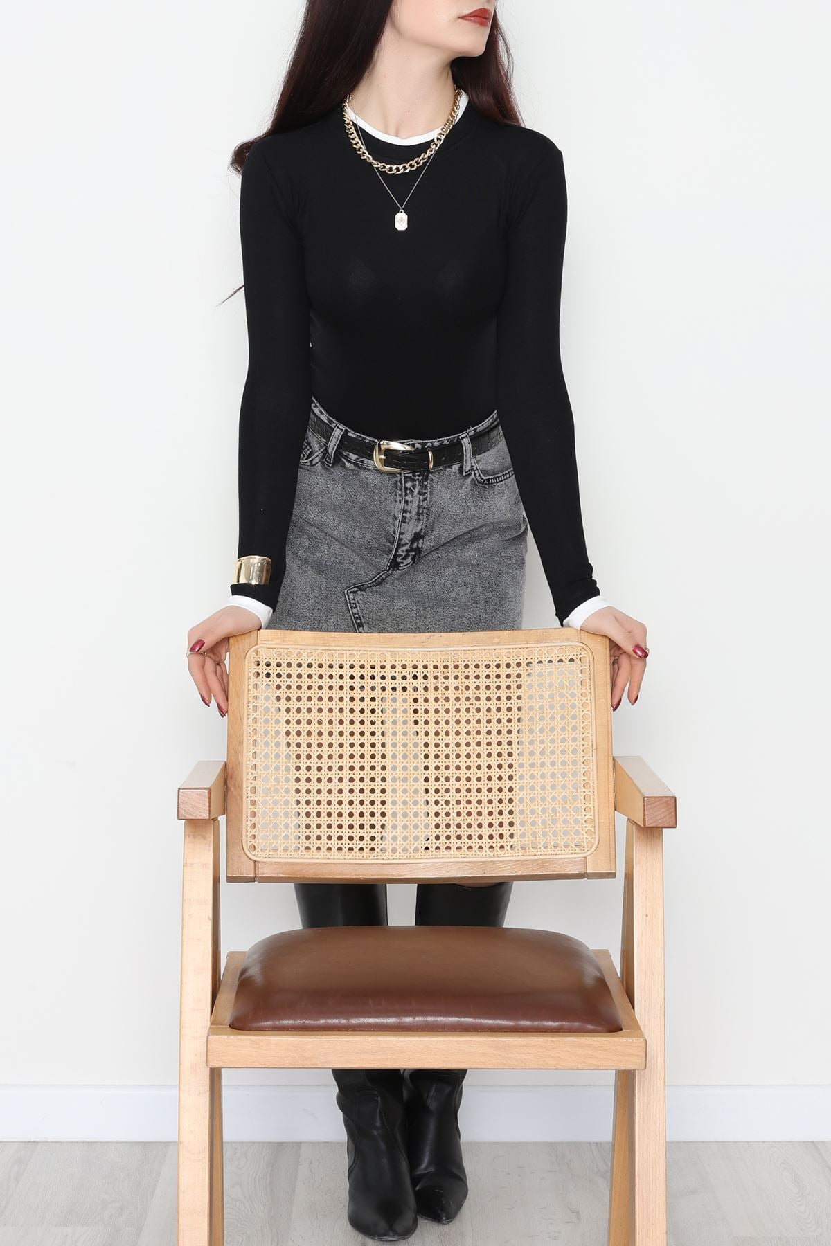 Buzzy Kumaş Bisiklet Yaka Parçalı Bluz Siyah - 1054.2119.