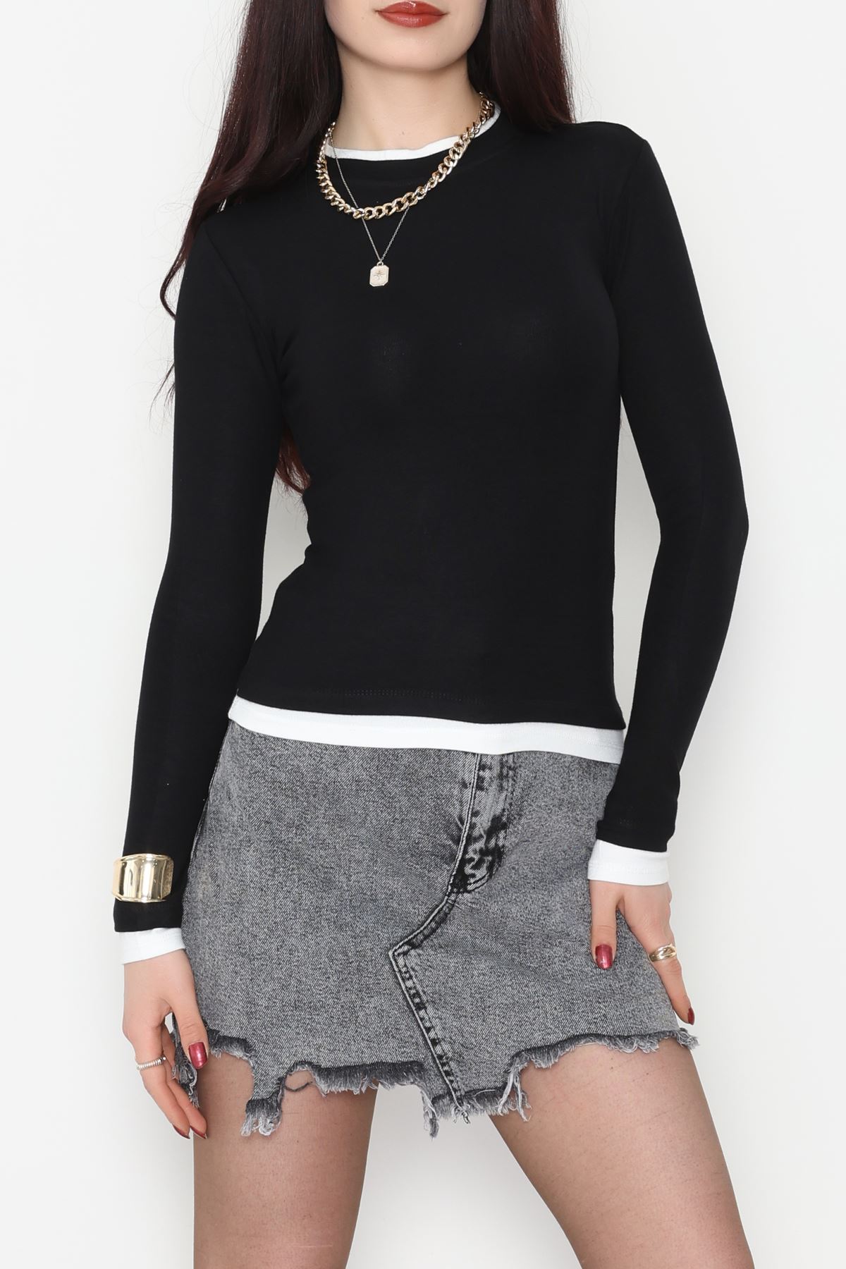 Buzzy Kumaş Bisiklet Yaka Parçalı Bluz Siyah - 1054.2119.