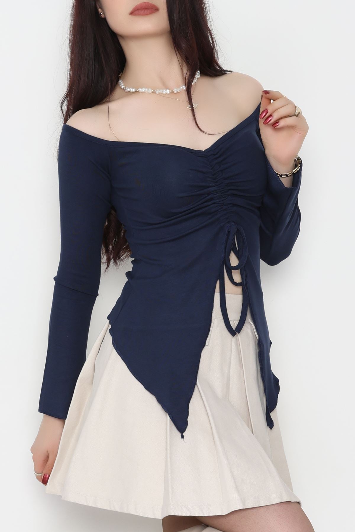 Buzzy Kumaş Önü Ayarlanabilir Büzgülü Bluz Lacivert - 1009.2119.