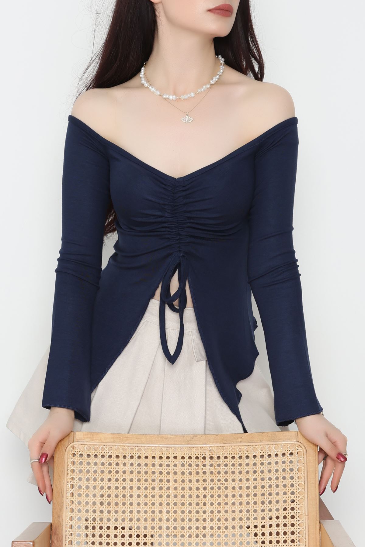 Buzzy Kumaş Önü Ayarlanabilir Büzgülü Bluz Lacivert - 1009.2119.