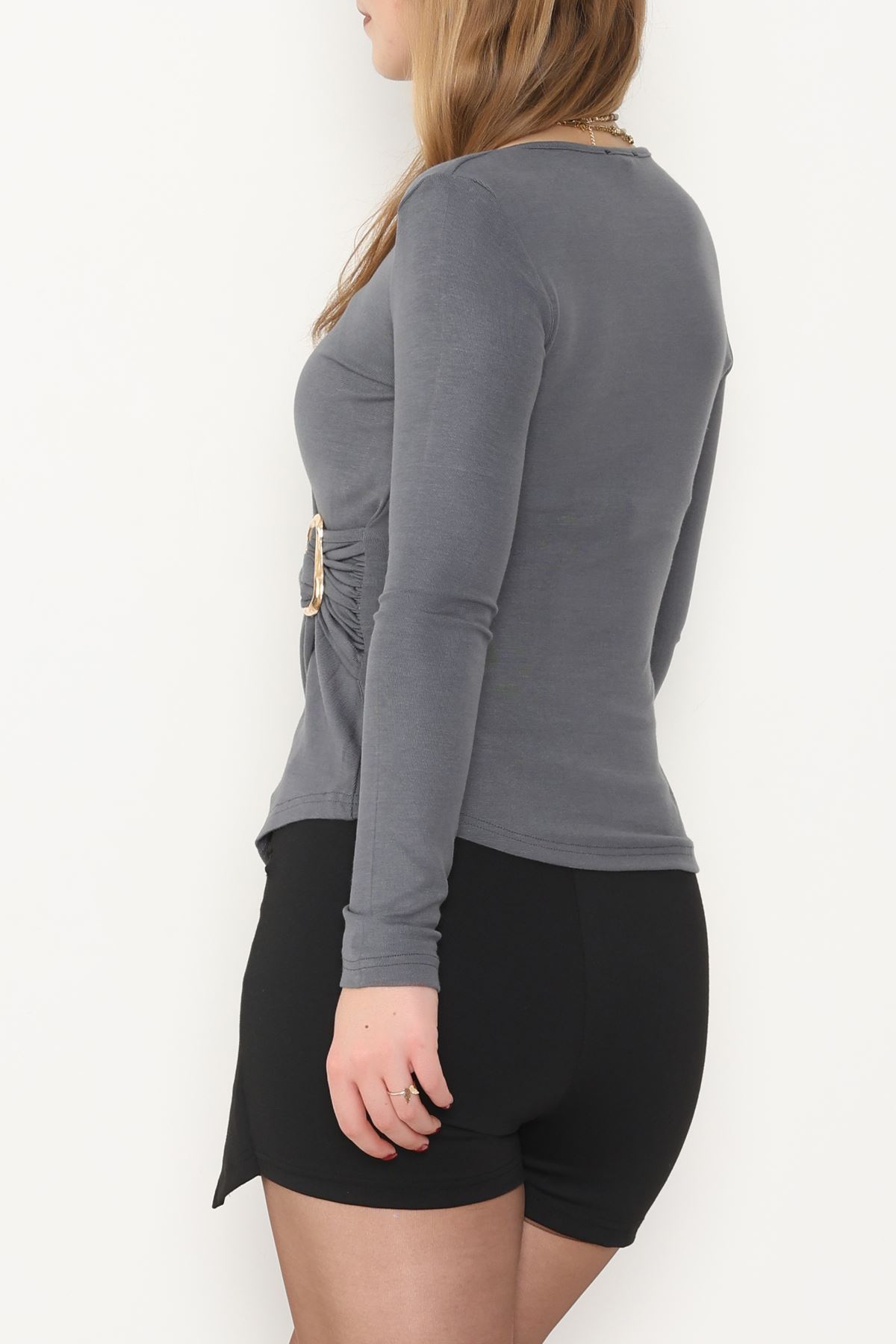 Buzzy Kumaş V Yaka Tokalı Bluz Antrasit - 1061.2119.