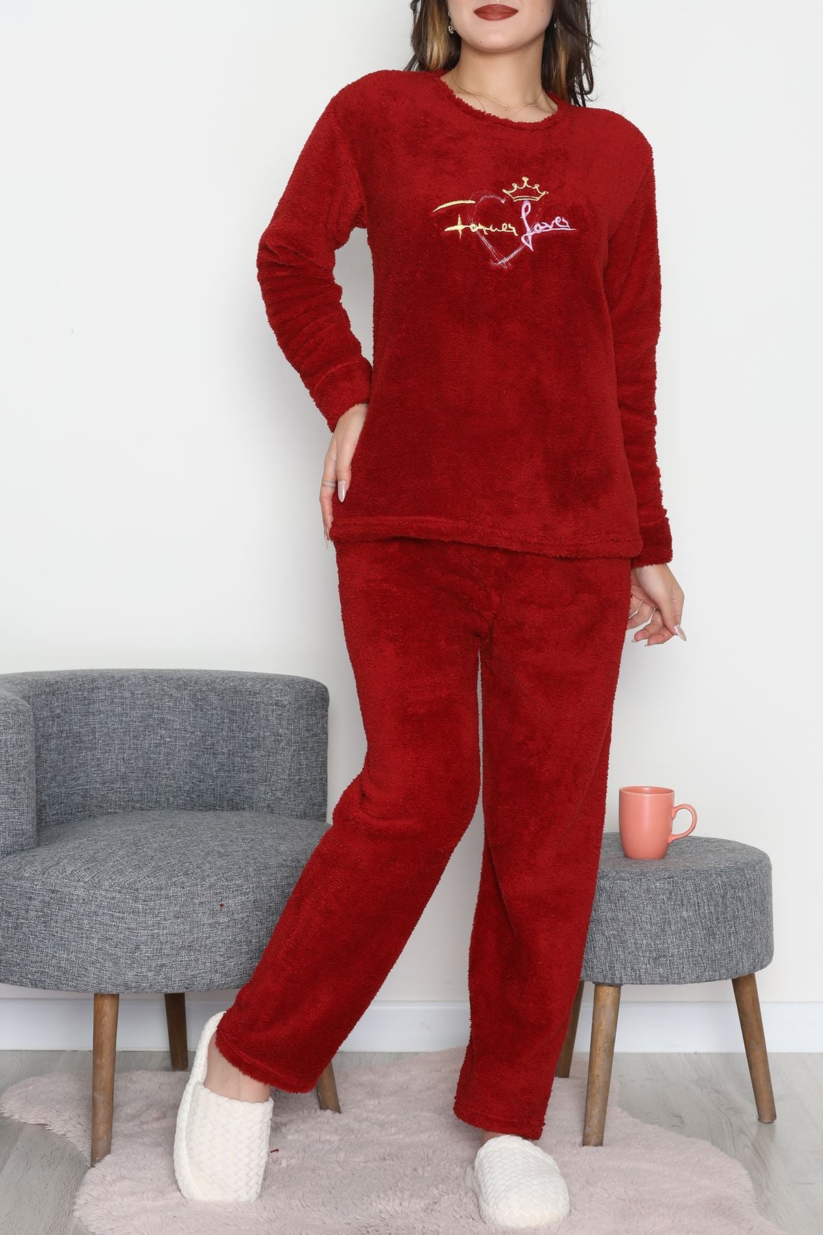 Peluş Pijama Takımı Bordo - 52105.1961.