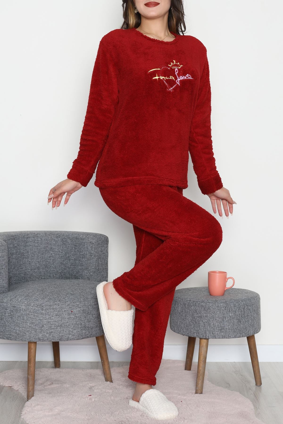 Peluş Pijama Takımı Bordo - 52105.1961.
